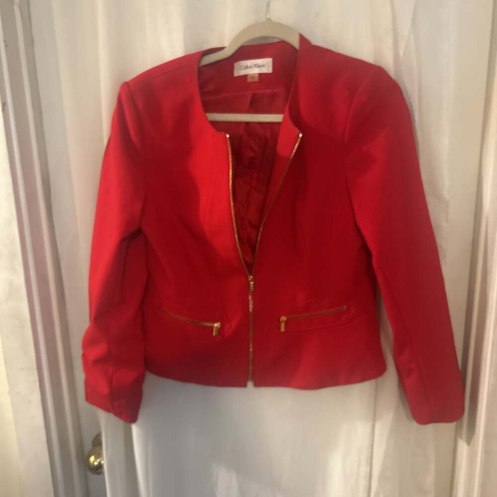 Calvin Klein Red Fitted Collarless Peplum Blazer with Gold Hardware
